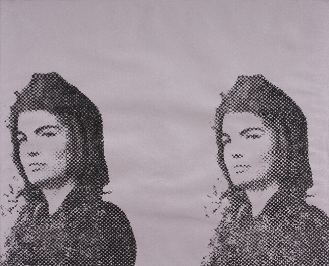 A black print of a woman in three-quarter view, from the chest up, shown twice against a light pink background