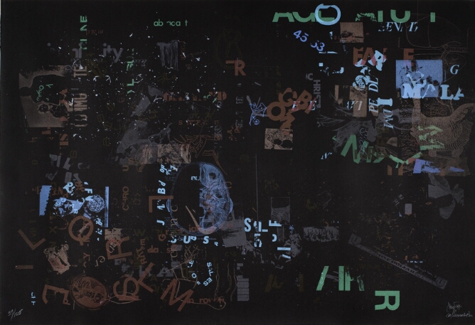 An abstract print with fragments of light blue, light green and light red text superimposed on fragmented images of people, body parts and an animal against a black background