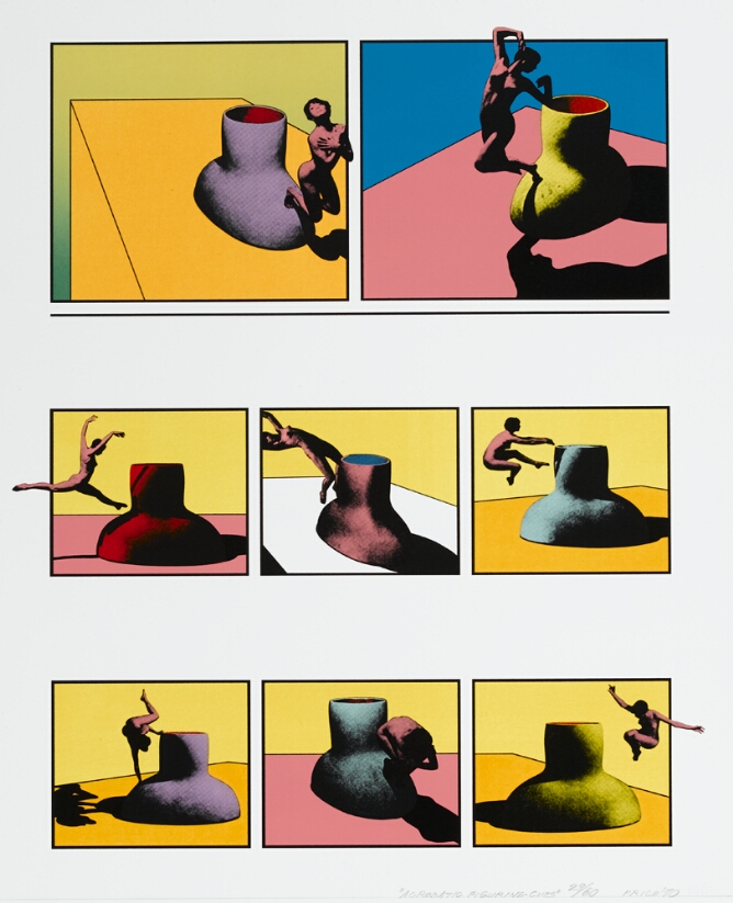 An abstract print in the format of a storyboard with each section showing a nude woman in various positions next to a cup, using bright colors