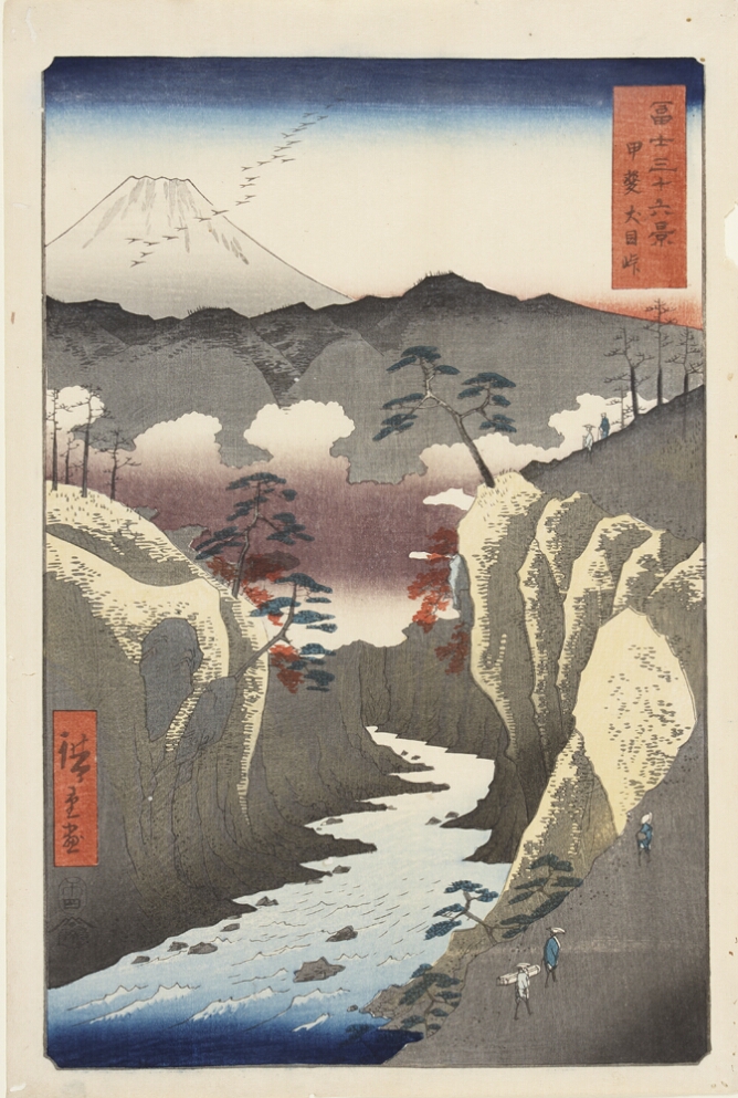 A color print of a river flowing through a steep canyon, while figures walk up its side to the viewer's right. In the background, a white mountain
