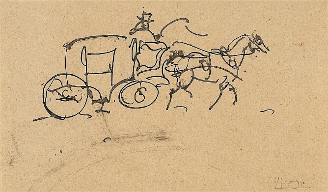 A black and white, abstract, gestural drawing of a figure driving a horse-drawn carriage