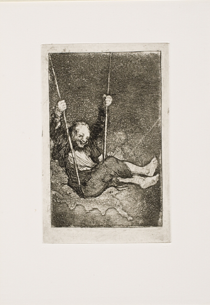 A black and white print of a bare-footed smiling man swinging on a rope swing