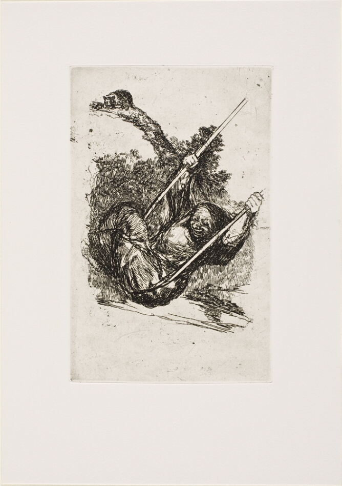 A black and white print of a smiling older woman swinging on a rope swing