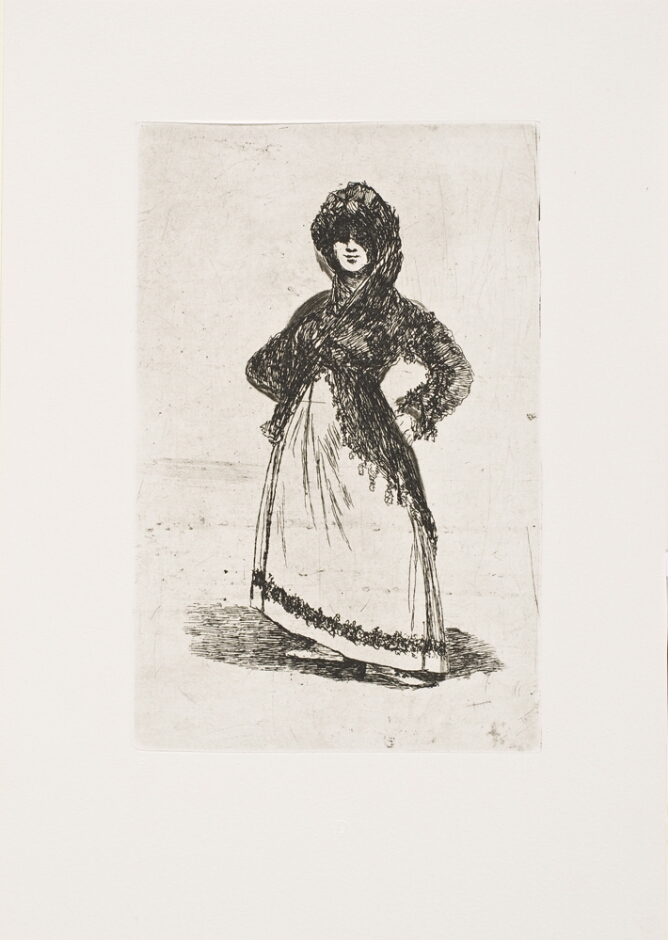 A black and white print of a woman with eyes in shadow from a headdress, standing with her hands at her hips against a white background
