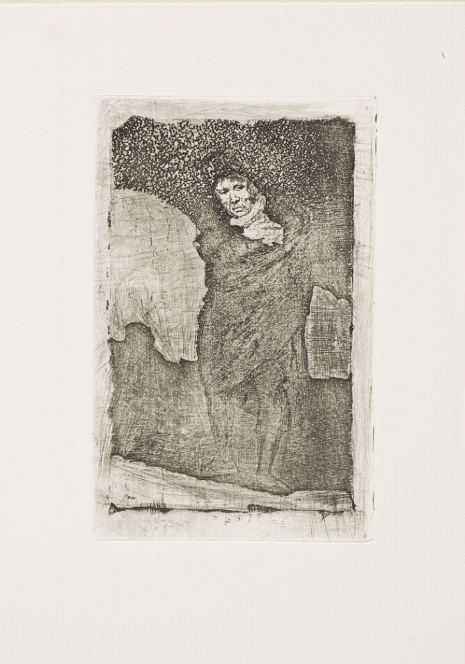 A black and white print of a standing man wrapped in a cloak and blending into a dark background