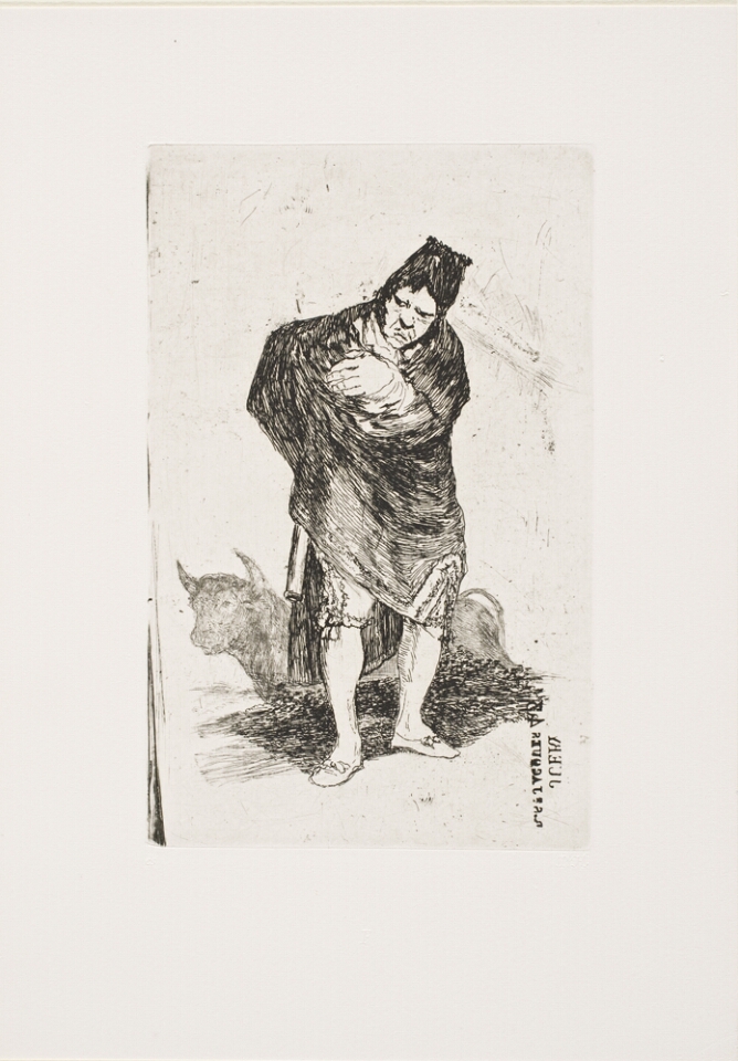 A black and white print of a man hiding something under his cloak while standing in front of a reclining bull