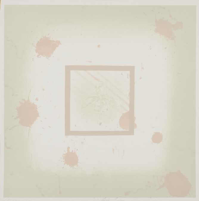 An abstract print of a light pink border around a barely visible flower with light pink splotches inside and outside of the border