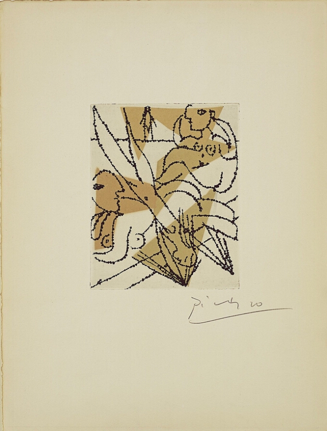 An abstract pint of three nude figures in black line, diving, sitting and lying down against a background of tan triangular shapes
