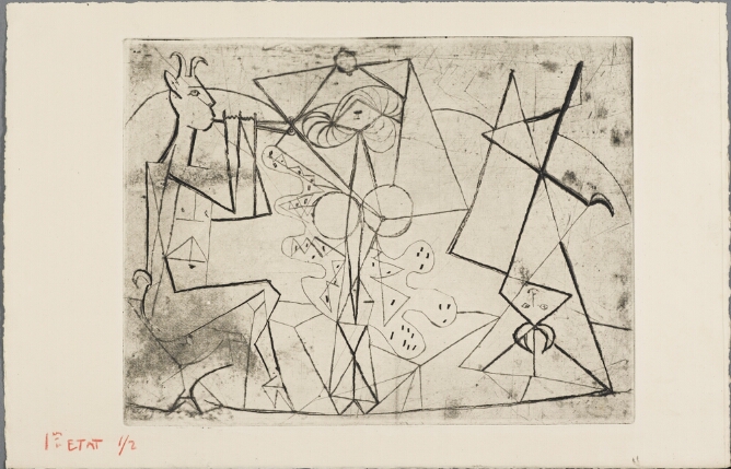 A black and white abstract print of three angular stick figures in a row. A horned figure is playing a pipe next to a standing woman and a third figure is upside-down
