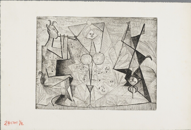 A black and white abstract print of three angular figures in a row, using repetitive line for shading. A sitting horned figure plays a pipe next to a standing woman and a third figure is upside-down