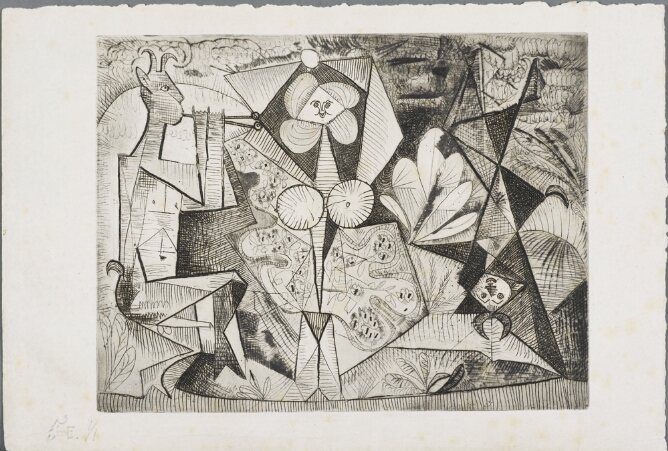 A black and white abstract print of three angular figures in a row, using repetitive line for shading. A sitting horned figure plays a pipe next to a standing woman and a third figure is upside-down