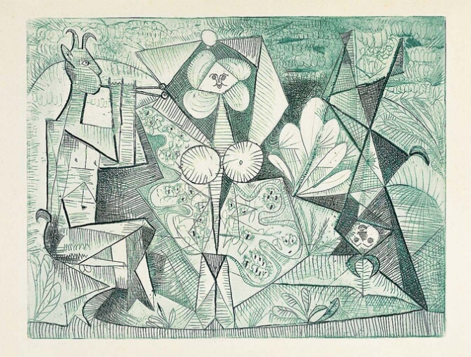 An abstract print in green and black of three angular figures in a row, with areas of shading. A sitting horned figure plays a pipe next to a standing woman and a third figure is upside-down