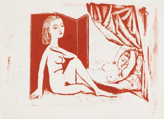 An abstract print in red of a nude woman facing and sitting next to another nude woman reclining by a curtain