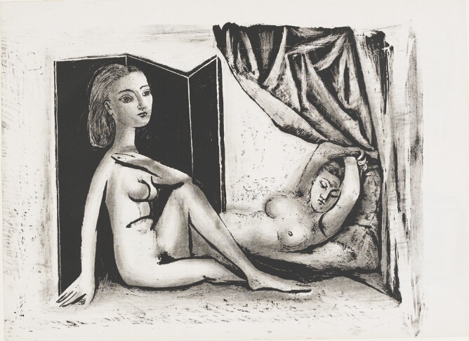 A black and white abstract print of a nude woman facing and sitting next to another nude woman reclining by a curtain