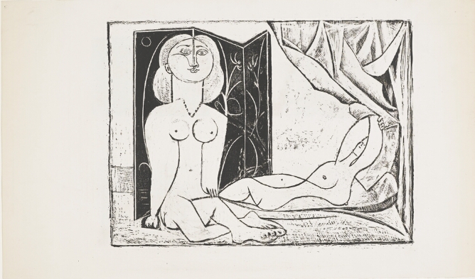 A black and white abstract print of a nude woman with exaggerated features facing the viewer and sitting next to another nude woman with a twisted body reclining by a curtain