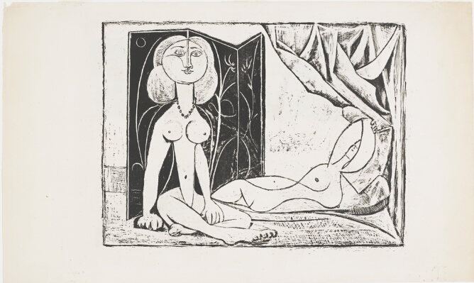 A black and white abstract print of a nude woman with an exaggeratedly thin waist facing the viewer and sitting next to another nude woman with a twisted body reclining by a curtain