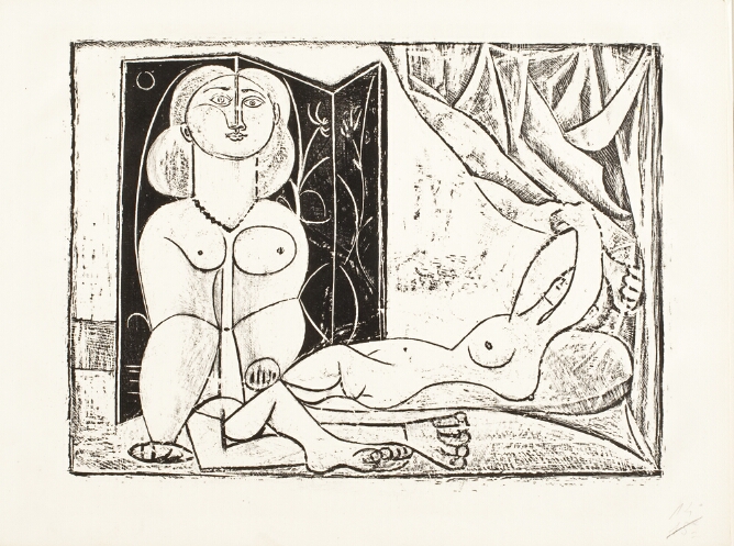 A black and white abstract print of a nude woman with exaggerated features, one arm longer than the other, facing the viewer and sitting next to another nude woman with a twisted body reclining by a curtain