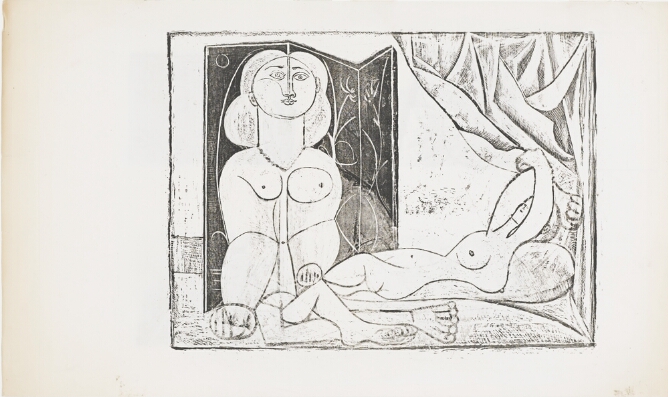 A black and white abstract print of a nude woman with exaggerated features, one arm longer than the other, facing the viewer and sitting next to another nude woman with a twisted body reclining by a curtain