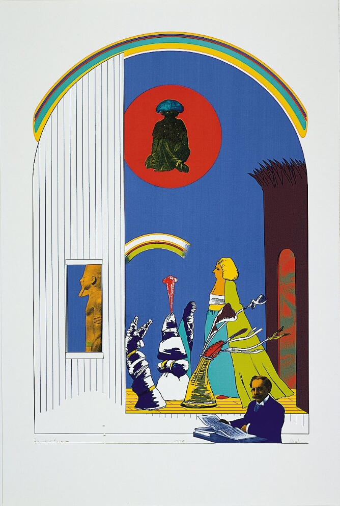 An abstract color print in an arched format of a shadowy seated figure in a red circle above floor protrusions and a caped standing figure, against a blue background. To the viewer's left, a white architectural element shows a statue in a window