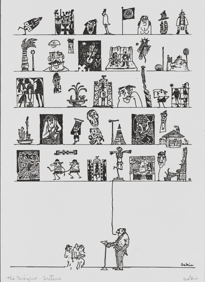 A black and white abstract print featuring five rows of fanciful figures, objects and places, with a line at the bottom leading to the mouth of a man standing at a lecturn before three sitting figures