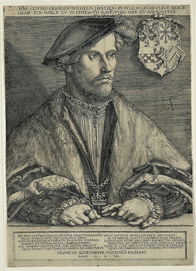 A black and white half-length portrait of a man in a plumed cap wearing regal attire looking towards the viewer's right. Beside his head, a coat of arms, and at the bottom, text in Latin