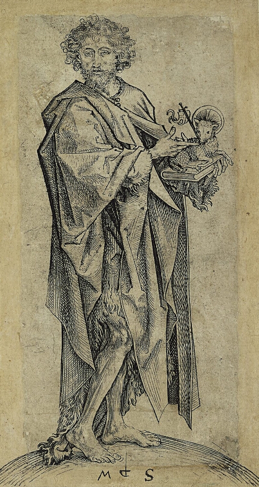A black and white print of a standing man in draped clothing facing the viewer and pointing to a small lamb lying on a book in his hand