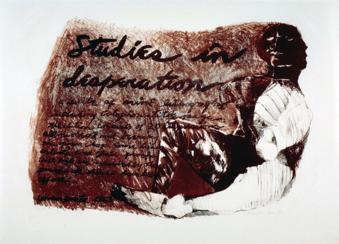 An abstract print with handwritten text above smaller handwritten text that reads Studies in desperation. Beside a half-skeletal, half-dark brown sitting figure without hands and feet, all set against a textured brown background