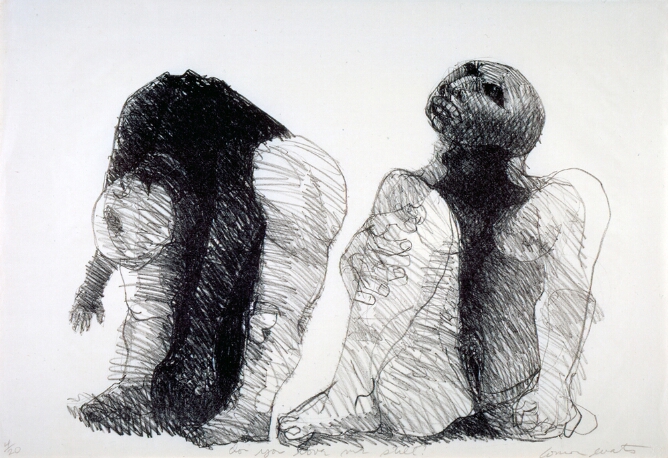 A black and white print of two abstracted and distorted figures with areas of heavy shading using line