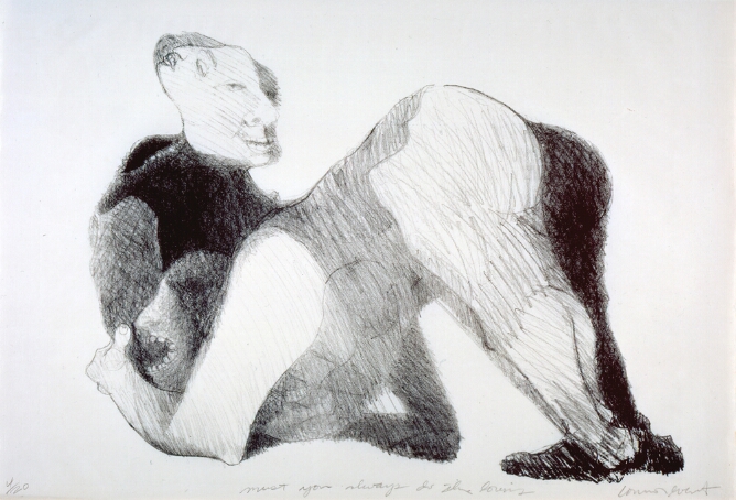 A black and white abstract print of a body bent down with feet on the ground, hips in the air and arms holding a figure shown from the chest up