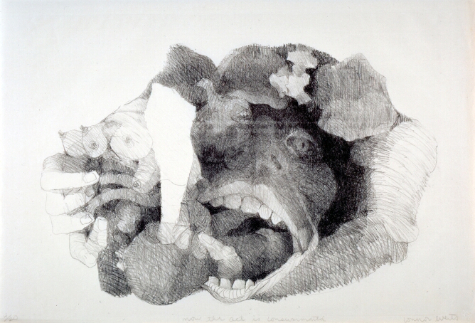 A black and white abstract print featuring a cluster of body parts with a partial face showing an open mouth with teeth and a thumb in the center