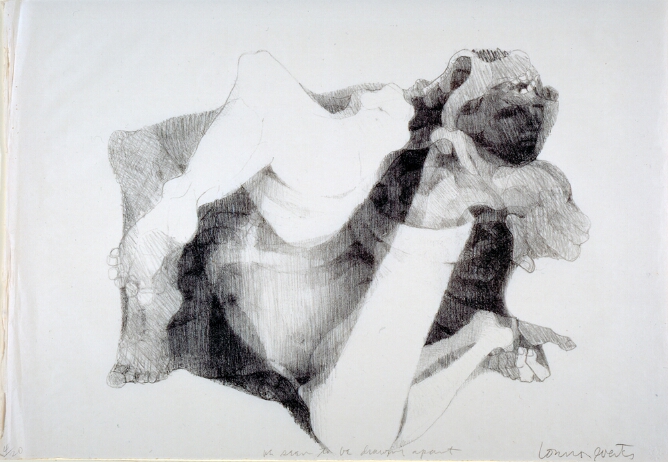 A black and white abstract print showing a cluster of body parts, some translucent