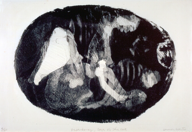 A black and white abstract print showing a cluster of skeletal body parts, some translucent, against a circular black background