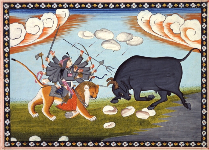 Illustration from a Devimahatmya: Durga Engages the Buffalo Titan