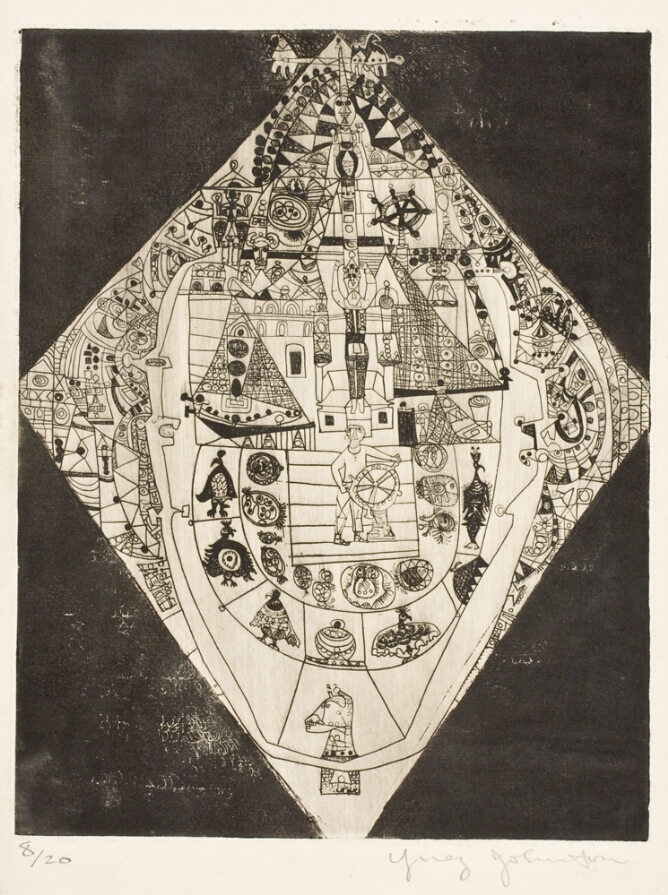 A black and white abstract print featuring intricate, whimsical drawings of stacked figures above another figure steering a wheel, surrounded by decorative elements within a diamond-shaped composition against a black background