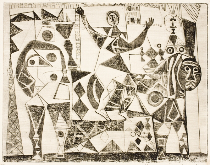 A black and white abstract print of a figure with raised arms sitting on the back of a creature within a composition of shaded diamond, circle and triangle shapes
