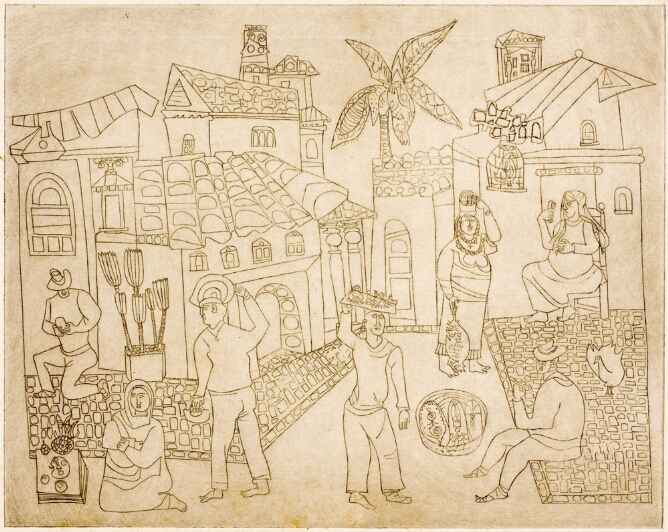 A black and white abstract print of figures in a village with a few standing and carrying objects on their heads