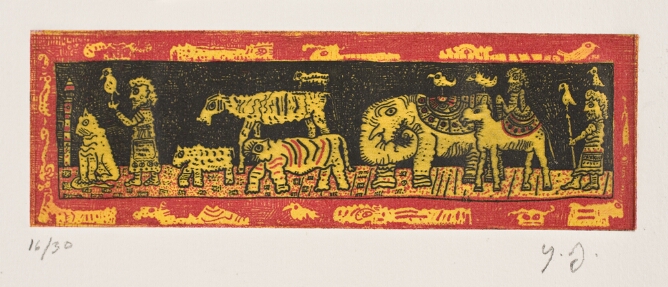 An abstract print of two standing figures, one in front and one behind a group of animals walking towards the viewer's left, against a black background with a red decorative border