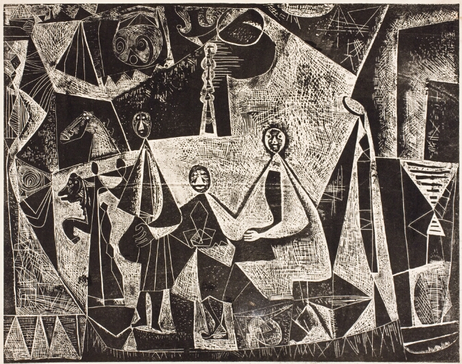 An abstract print of a black and textured white angular composition featuring three figures turned towards the viewer with heads of two animals peeking from behind them