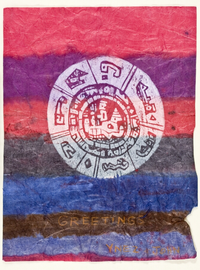 An abstract print of a decorative white circle layered over bands of pink, purple, black and blue. At the bottom, handwritten text reads GREETINGS YNEZ & JOHN