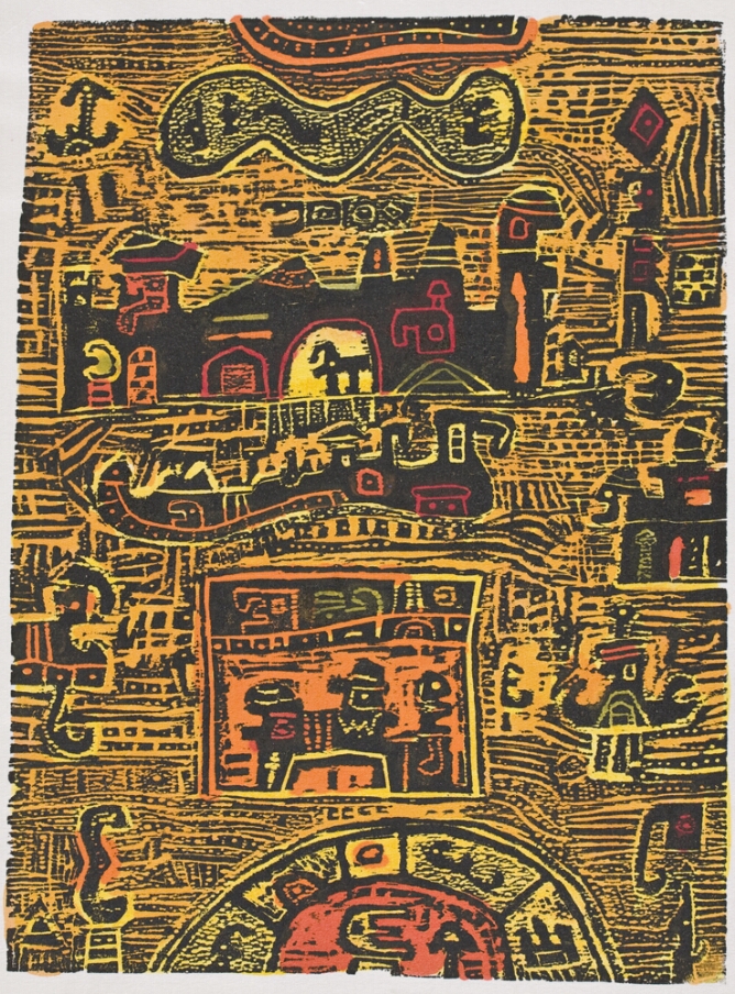 An abstract print of black structures with orange, red and yellow accents surrounded by an intricate pattern of yellow and orange