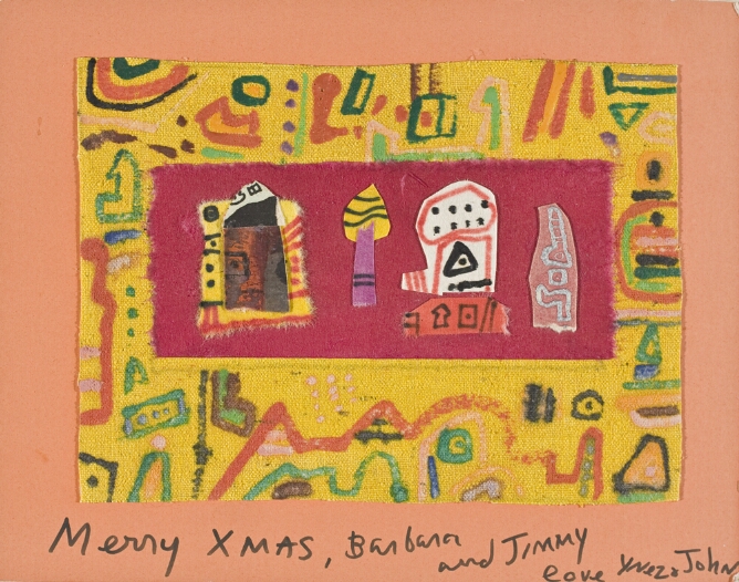 An abstract composition of four decorative forms against a red background with colorful designs around a yellow border, framed in orange. At the bottom, handwritten text that reads Merry XMAS, Barbara and Jimmy love Ynez & John