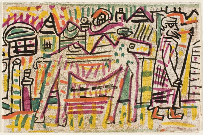 An abstract colorful print of a four-legged creature following behind a figure with a stick walking towards the viewer's right