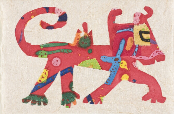 An abstract print of a red four-legged creature with a curly tail and colorful stripes and spots walking towards the viewer's right