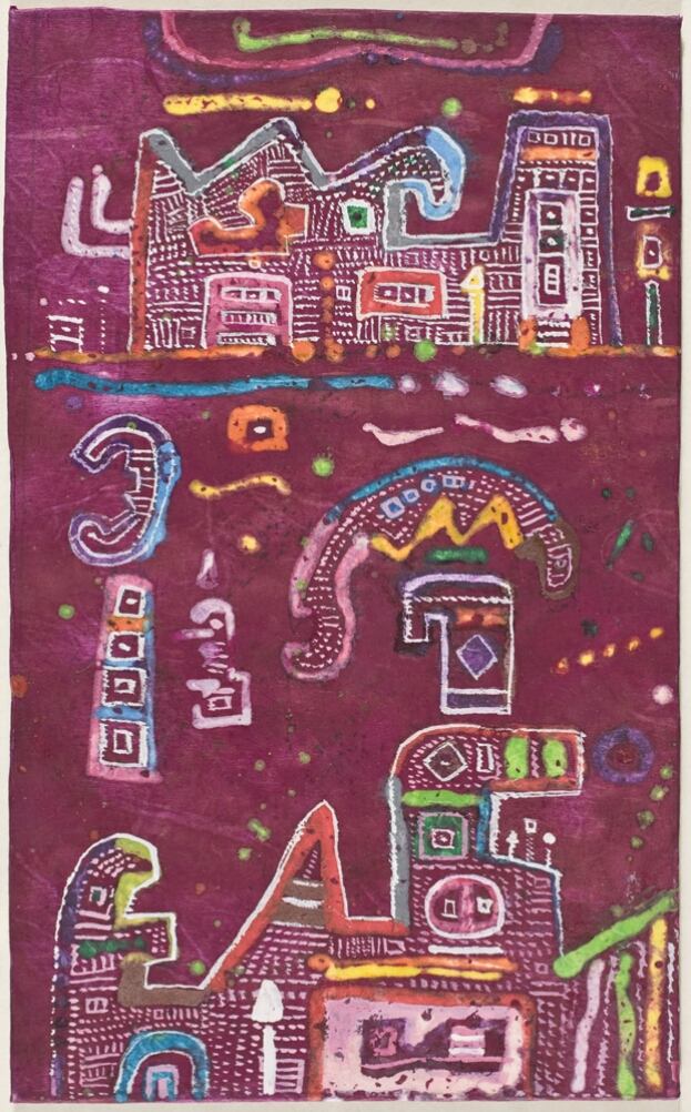 An abstract print of colorful structures with a dotted white pattern against a purple background