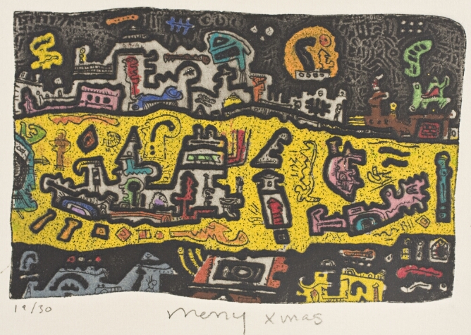 An abstract print of colorful structures outlined in black against a yellow background between bands of black with additional colorful structures at the top and bottom. Below, handwritten text that reads Merry Xmas
