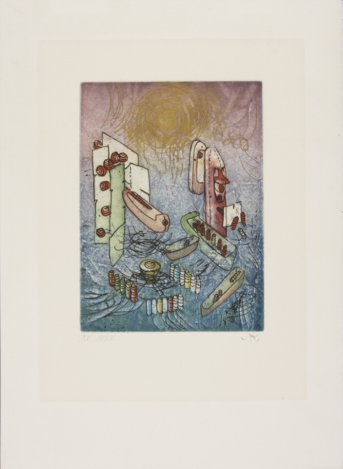 An abstract print of tall rectangular and pillar-like forms with screw-like elements, and peg-like shapes wrapped in lines against a background that transitions from pink to light blue