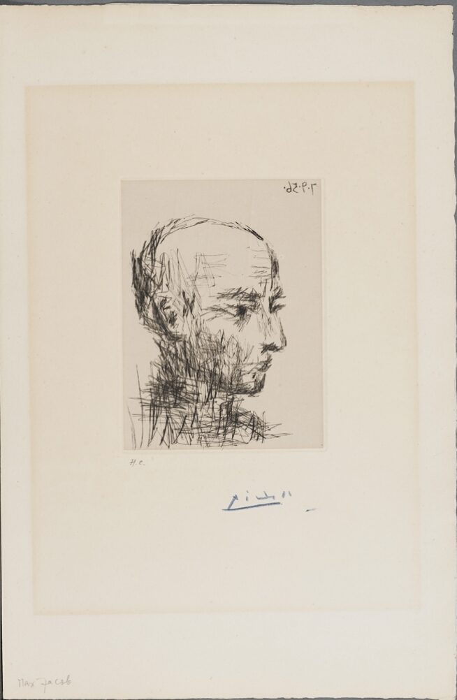 A black and white abstract print showing the profile of a bald man's head and neck, using sketchy lines