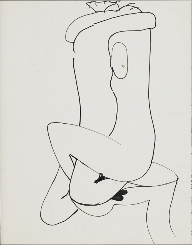 A gestural black and white, abstract drawing of two nude figures sitting up, intertwined and intimately embracing