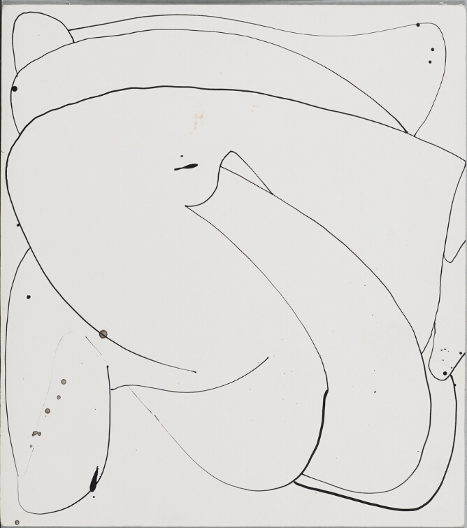 A gestural black and white, abstract drawing of organic forms that fill the page