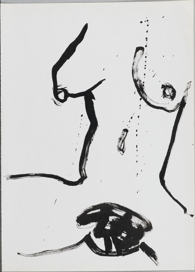 A gestural black and white, abstract drawing of a nude female's torso and open thighs